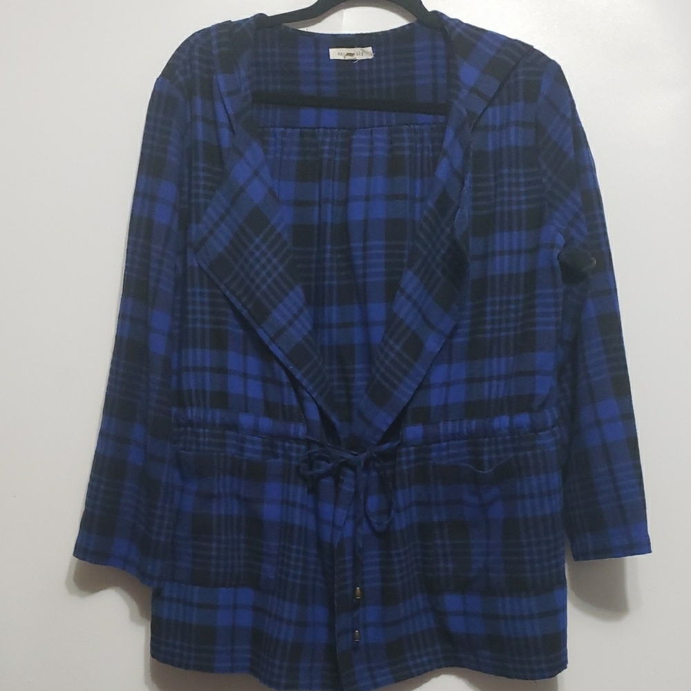 May &‎ July Open Front Blue and Black Plaid Hooded Blazer with Notched Lapel